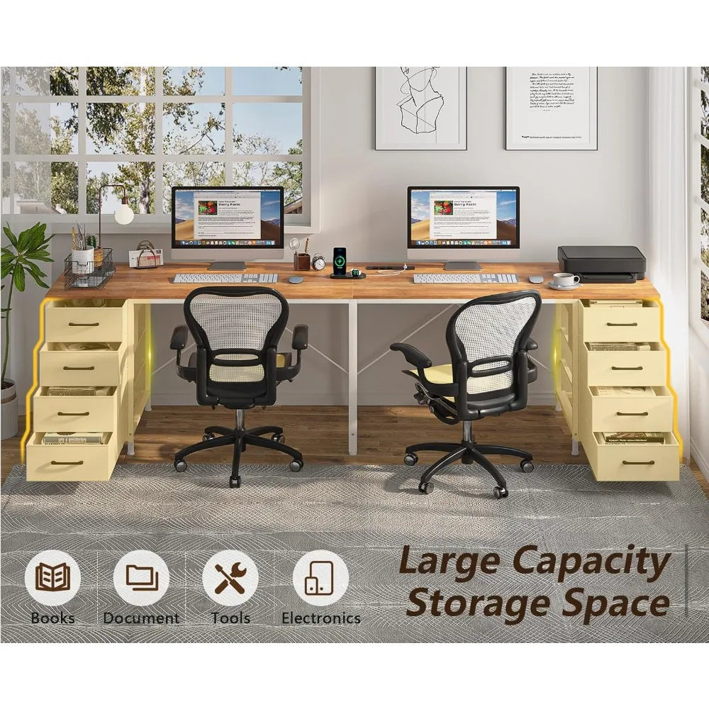 95" 2 Person Desk with 8 Drawers, Large Writing Home Office Desks with Outlets, I Shaped Workstation Double Desk Drawer Orga