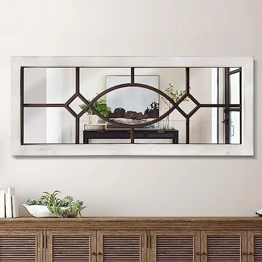 Distressed White Wooden Wall Mirror Farmhouse Decor 43.3" x 17.7" Rustic Entryway Bedroom Mirror
