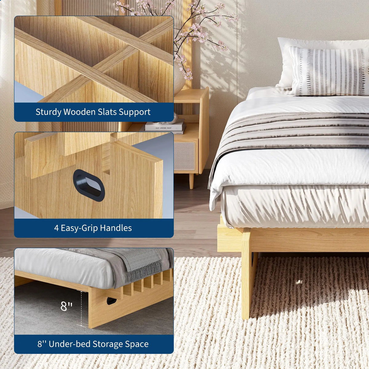 Low Profile Wood Platform Bed Frame With Under Bed Storage