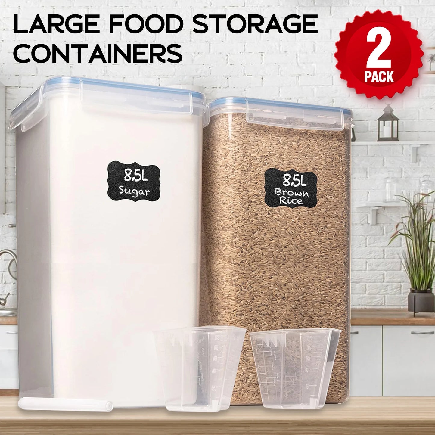 2Pcs Large Airtight Food Storage Containers Pantry 8.7L For Cereal Flour Sugar Pantry Organization