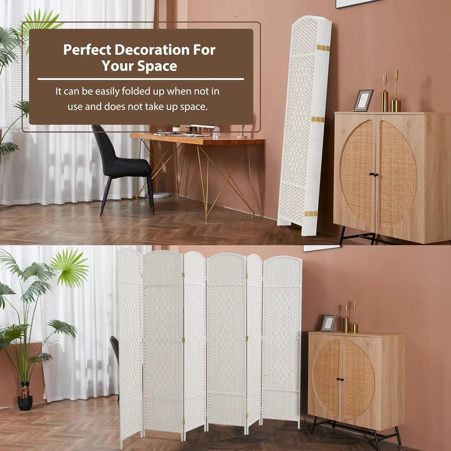 6 Panels Room Divider 6 FT Tall Weave Fiber Privacy Screen Freestanding Double Hinged Folding Screen Extra Wide, Customized