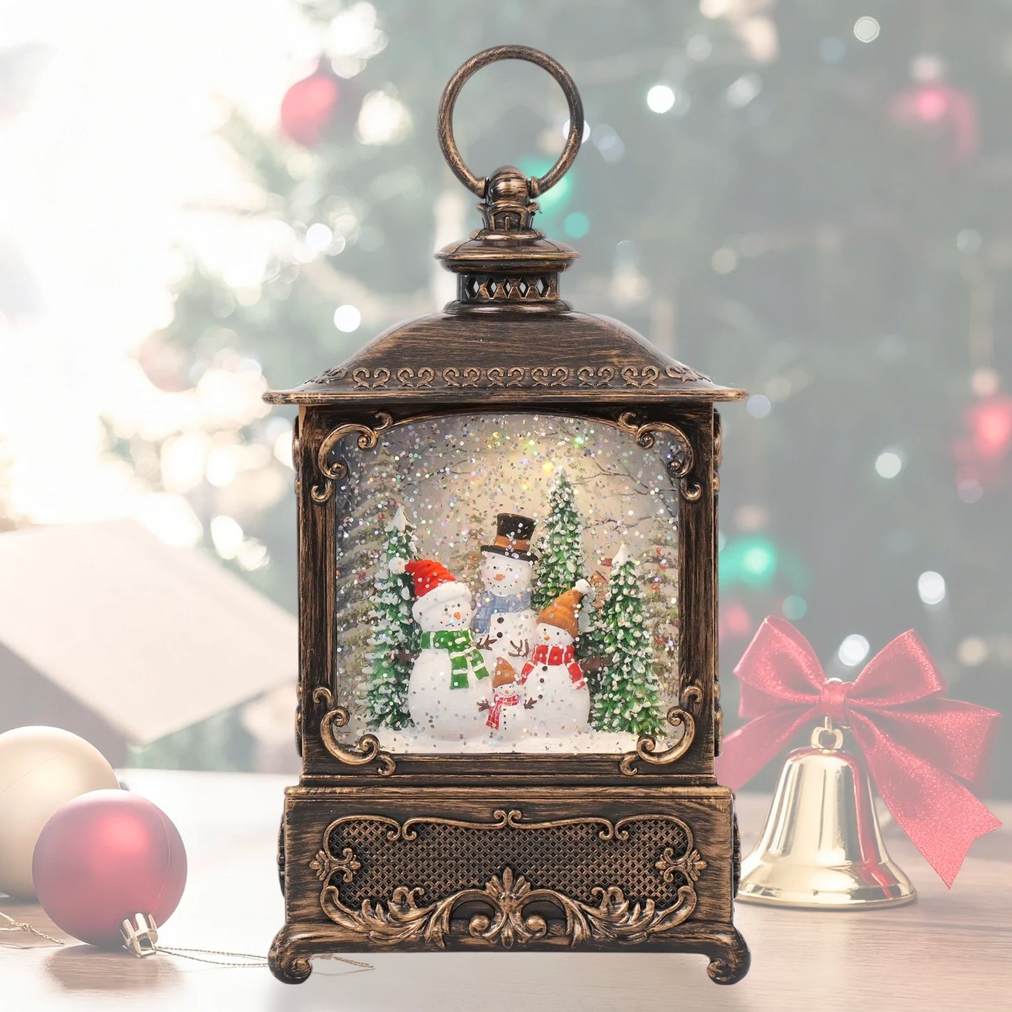 Christmas Music Snow Globe Lantern with LED Lights & Falling Snowflakes, Holiday Melodies and Warm White Glow for Christmas Deco