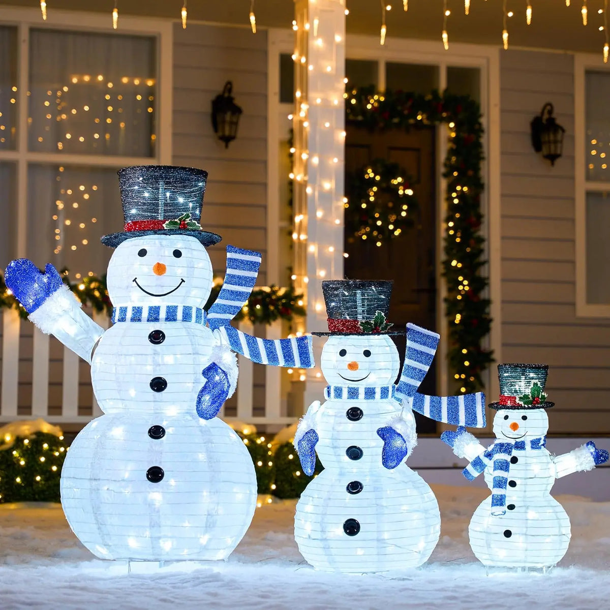 JOYFY 3 Pc 3D Christmas Collapsible Snowman Yard Light 270 PreLit LED Cool White Light for Christmas Indoor Outdoor Garden Décor