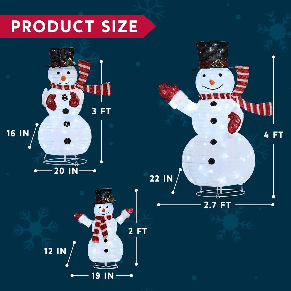 JOYFY 3 Pc 3D Christmas Collapsible Snowman Yard Light 270 PreLit LED Cool White Light for Christmas Indoor Outdoor Garden Décor