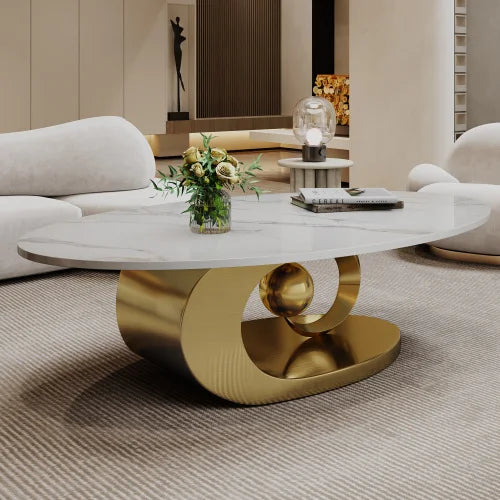 Modern Faux Marble Sintered Stone Coffee Table With Stainless Steel Base