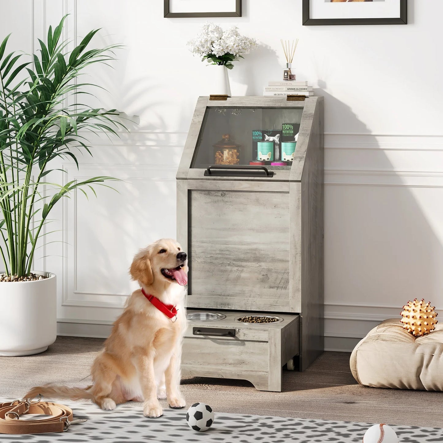 Pet Food Cabinet Flip Top Dog Food Storage Cabinet,Dog Feeding Station with 2 Elevated Bowls, Pet Toy Storage Organizer