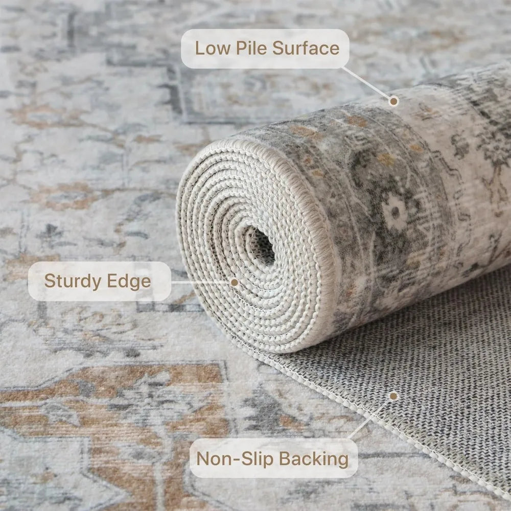 Washable Vintage Area Rug 5x7 Light Brown Non Slip Low Pile for Living Room Bedroom Dining Office