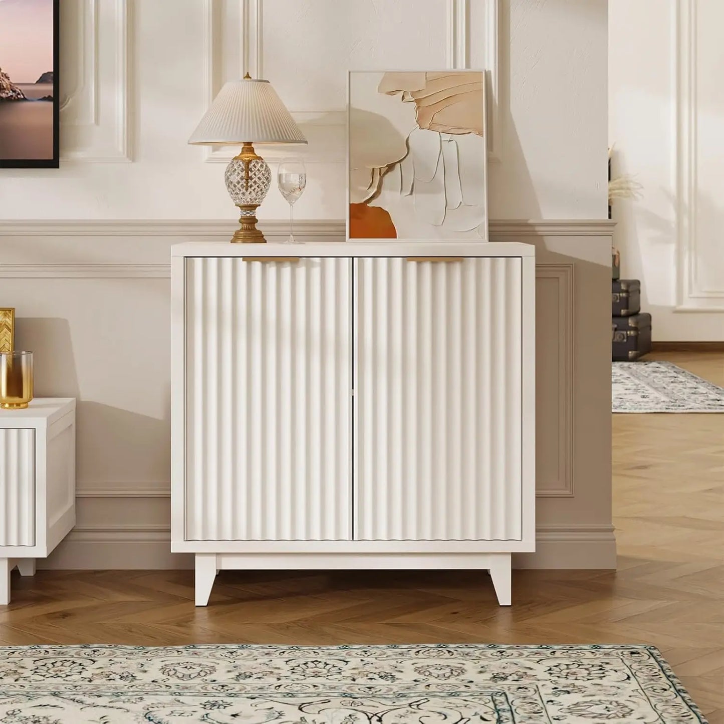 Fluted Cabinet with Storage, 2 Doors Sideboard Buffet, Mid Century Modern Accent Cabinet with Adjustable Shelves, Multifunctiona