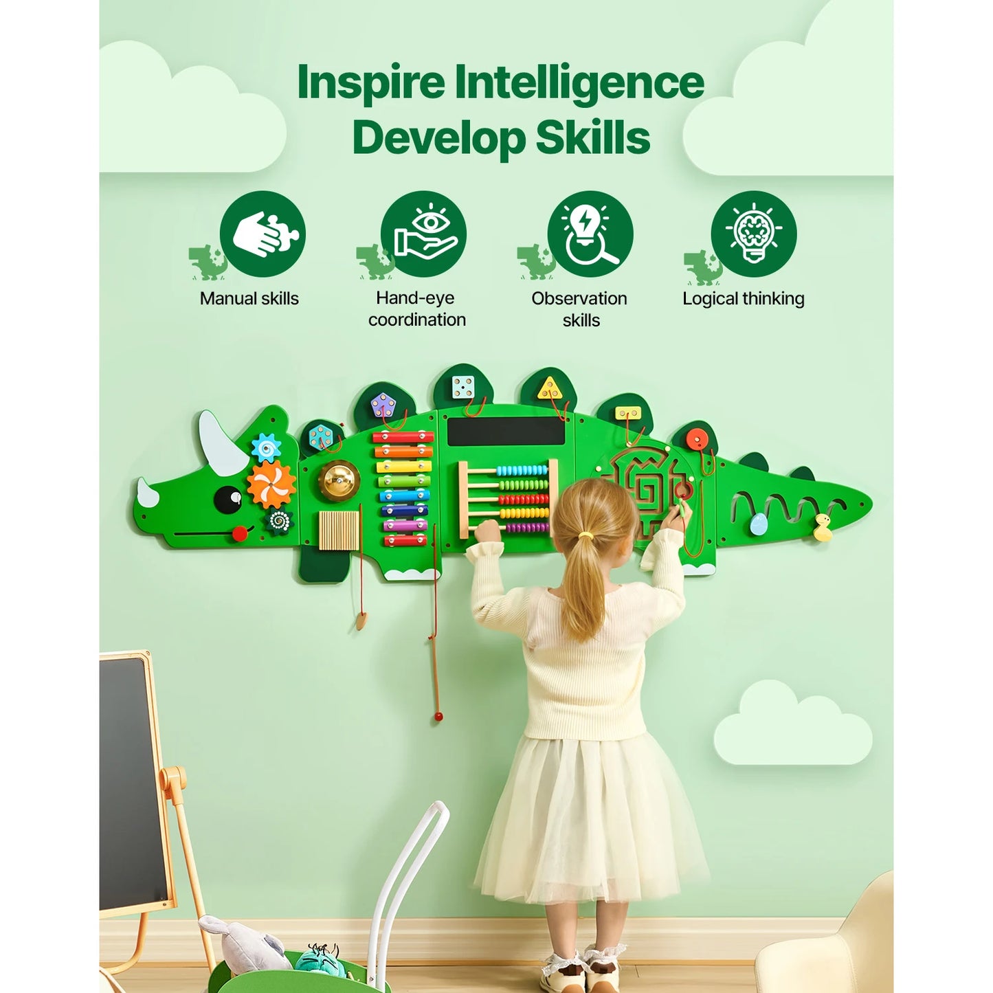 SucceBuy Dinosaur Kids Busy Wall Board 11 Activity Panels Montessori Sensory Learning Toys for Toddler Playroom Toy Gift