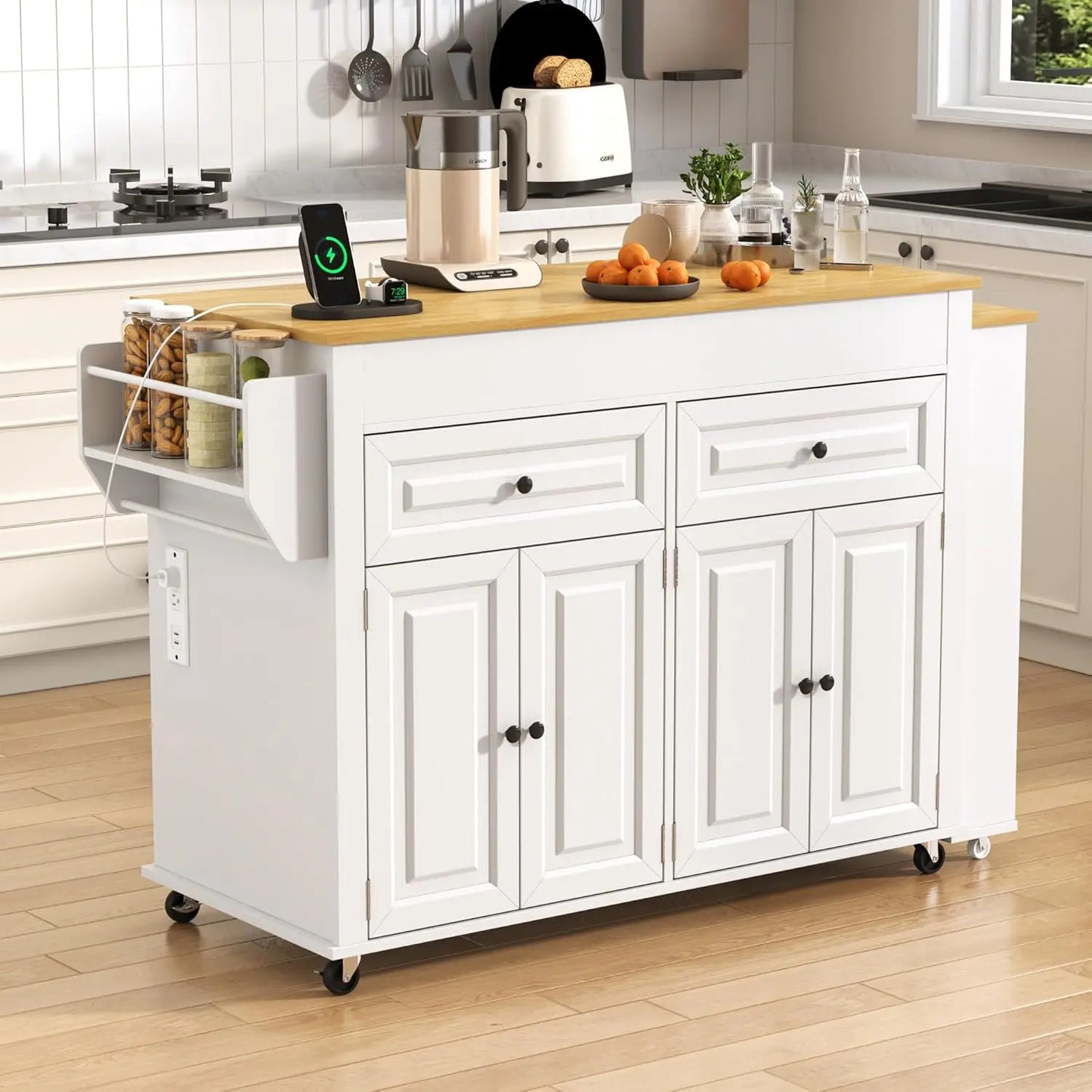 80"-48" Extendable Kitchen Island with Extended Dining Table and Power Outlet,Large Mobile Kitchen Storage Islands with, Custom