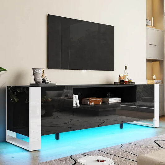 70 inch TV Stands with LED Lights, High Gloss TV Console Modern Entertainment Center with 2 Cabinet Storage Drawer