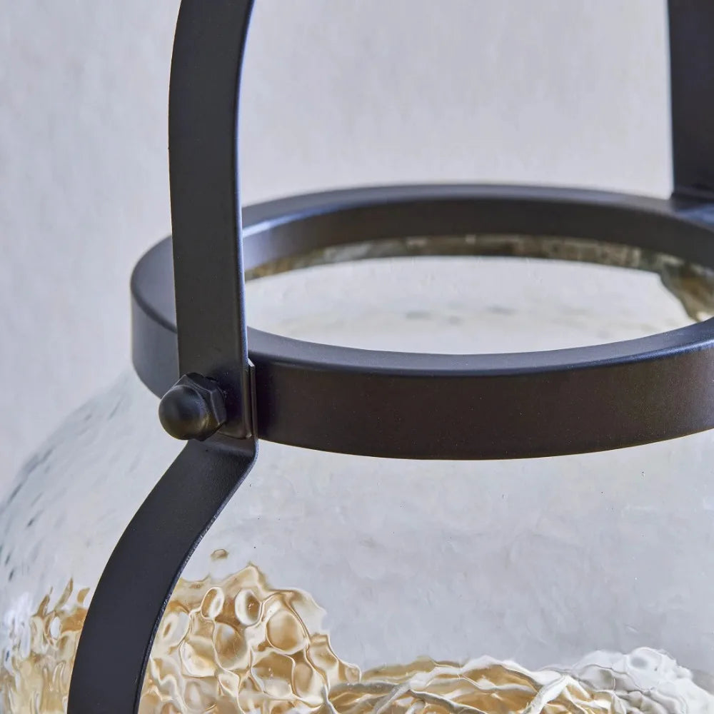 Black Metal Hammered Glass Candleholder Lantern, 11", Large