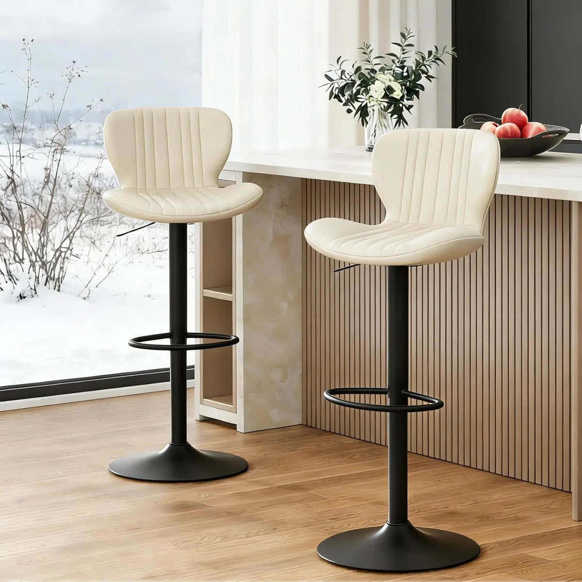 Beige Leather Adjustable Bar Stools Set of 2, Modern Counter Height Chairs
