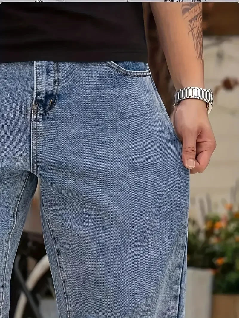 Men's Loose Fit Straight Leg Jeans - 65% Cotton 35% Polyester Blend, 390gsm Heavyweight Fabric, Japanese & Korean Streetwear Sty