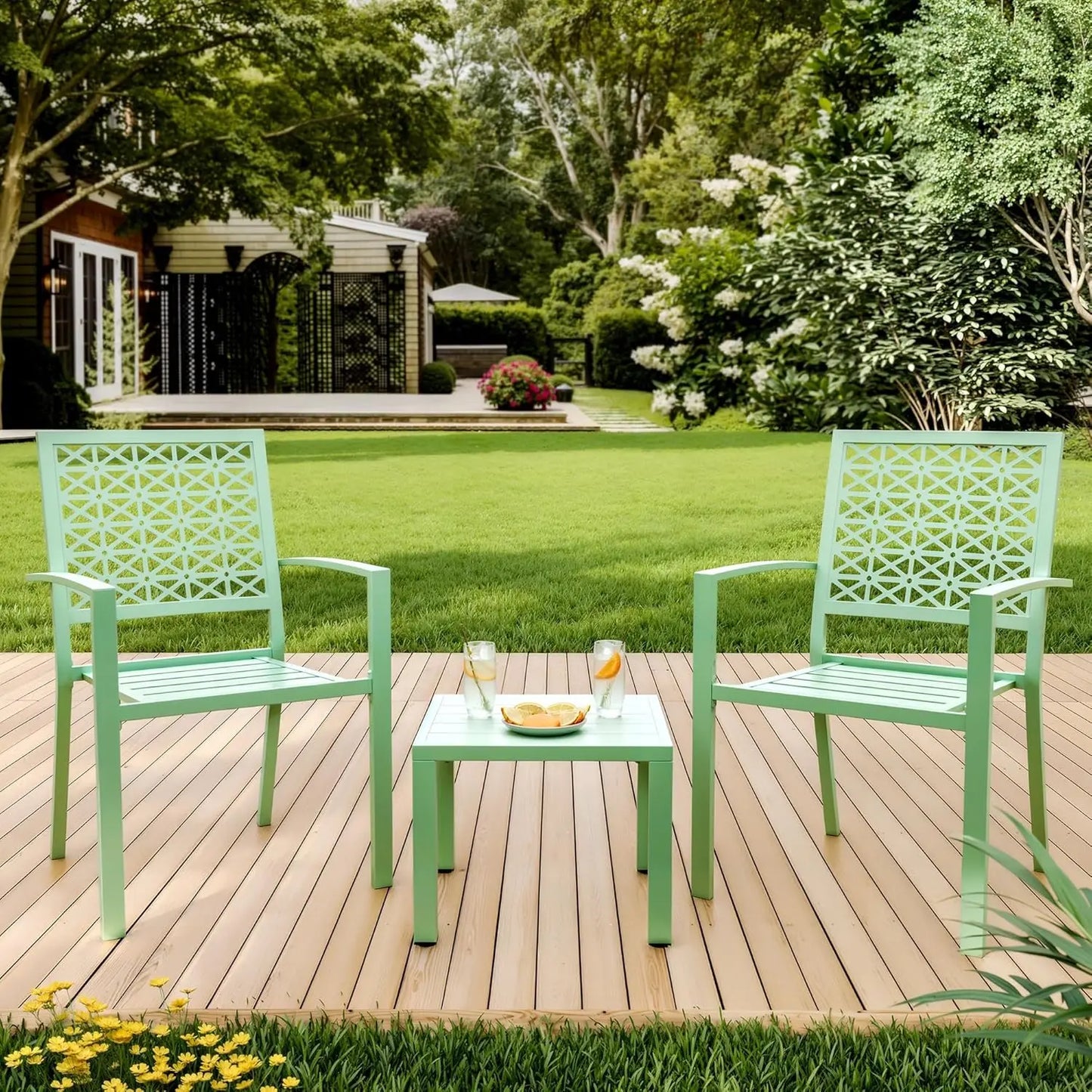 3-Piece Outdoor Bistro Set,Stackable Modern Metal Patio Furniture Set, 2 Chairs&Coffee Table,for Backyard Balcony Garden Lawn