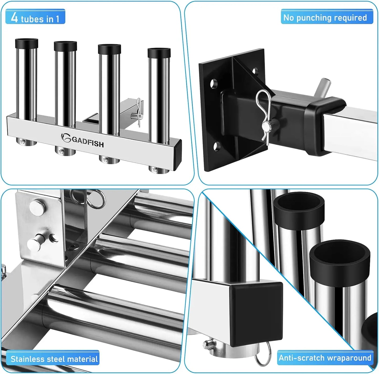 Stainless Steel Hitch Fishing Rod Holder for 2" Receivers, 4 Tube Rack with Quick Release Pin, Adjustable Truck Rod Holder