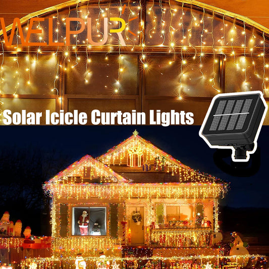 Solar Icicle Curtain Lights Outdoor Waterproof Eaves Light String  8 LIghting Modes 2025 Garden New Year Ramadan Decoration