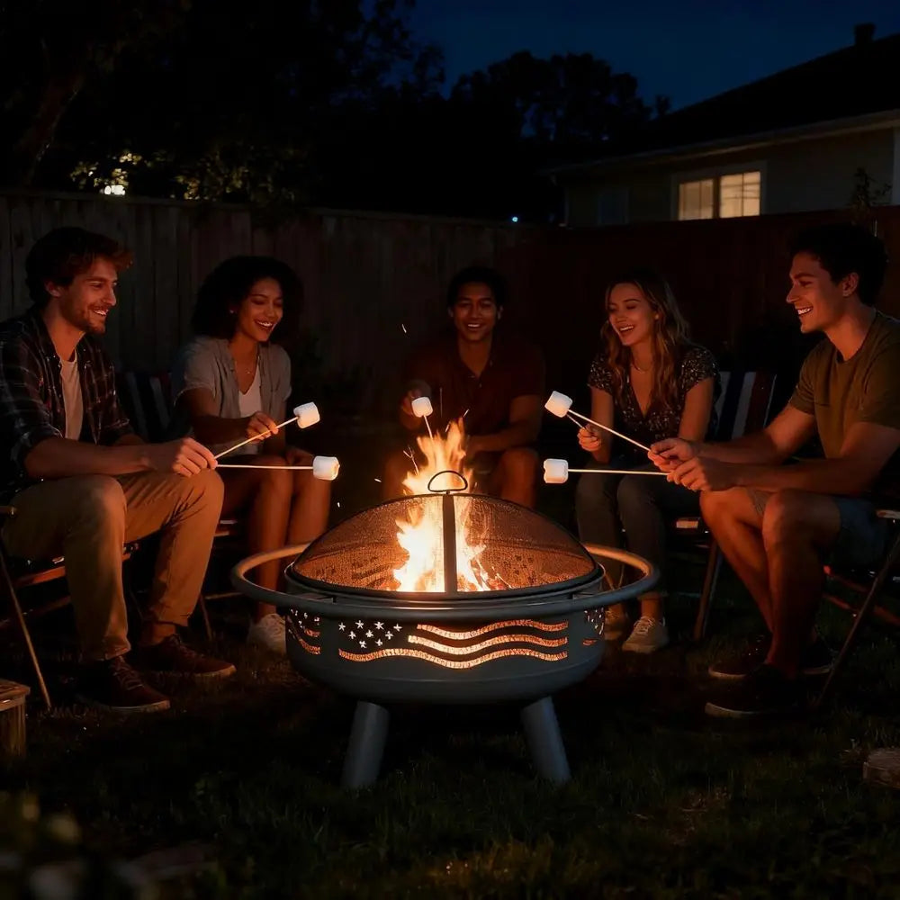 32 Inch Round Metal Wood Burning Fire Pit with Mesh Cover & Poker, Perfect for Outdoor Patio, Garden, Backyard Gatherings, Ideal