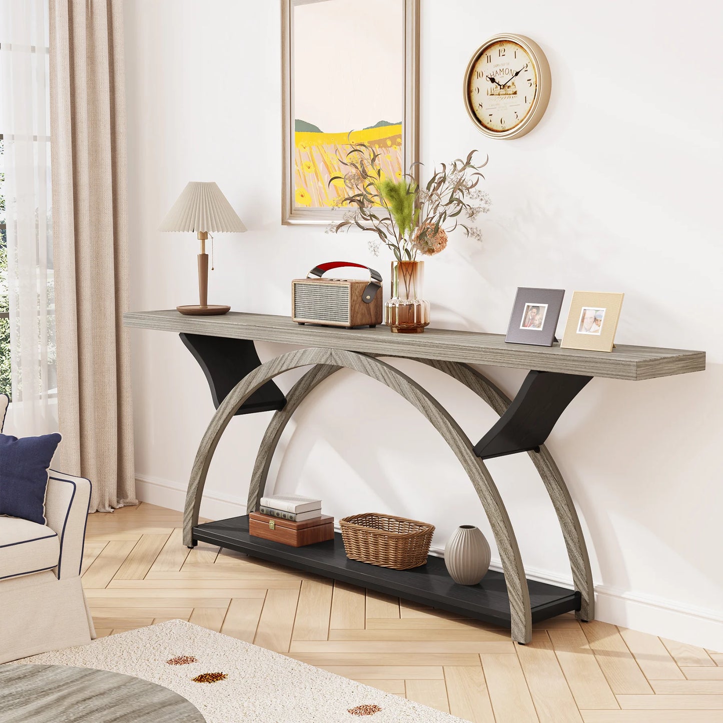 LITTLE TREE 70.87" Console Table with Storage Shelf, Narrow Long Sofa Table Behind Couch Table, 2-Tier Rustic Entryway Table