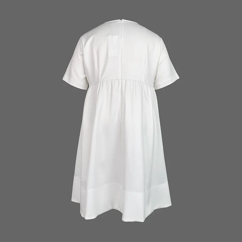 Spring Summer Women White Cotton A - Line Loose Flower Print Pleated V - Neck Midi Dresses Casual Large Size Vacation Outfits
