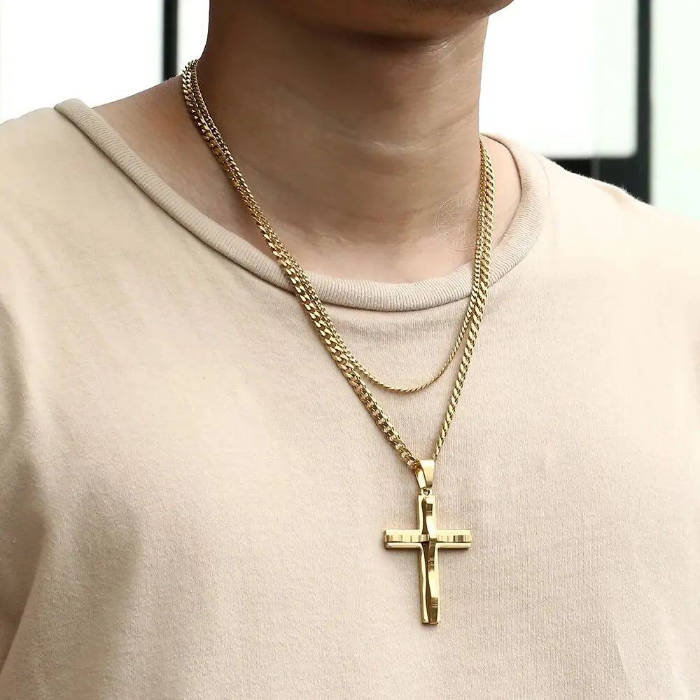 Womens Mens 2pcs Cross Pendant Necklace Layered Gold Color Stainless Steel Curb Cuban Link Chain Wholesale Jewelry