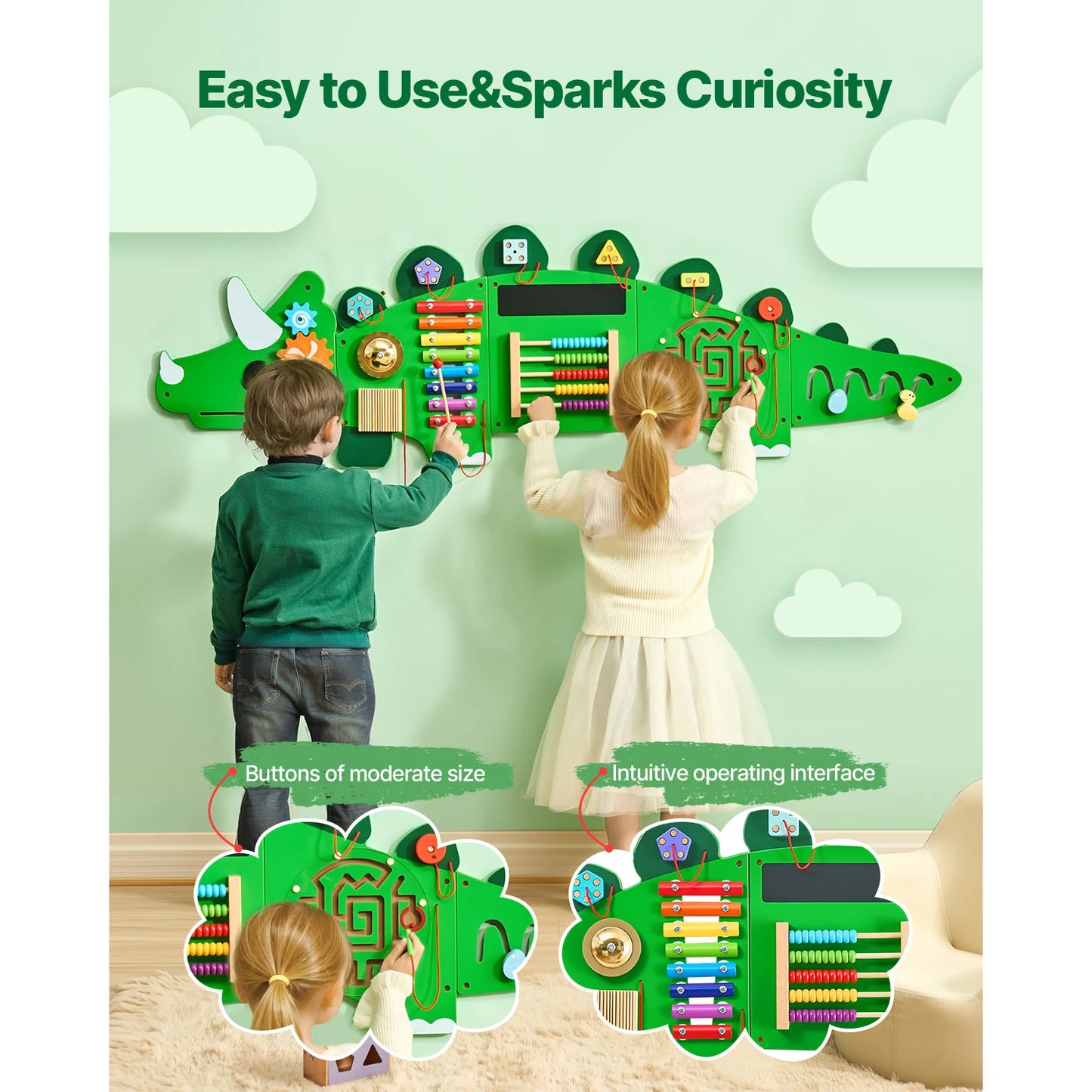 SucceBuy Dinosaur Kids Busy Wall Board 11 Activity Panels Montessori Sensory Learning Toys for Toddler Playroom Toy Gift