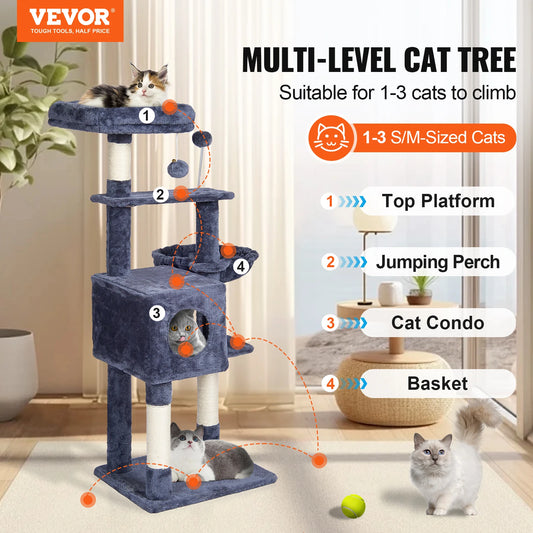 SucceBuy Cat Tree for Indoor Cats Cat Tower with Cat Condo Sisal Scratching Post HammockTop Perch Jumping Platforms Dark Grey