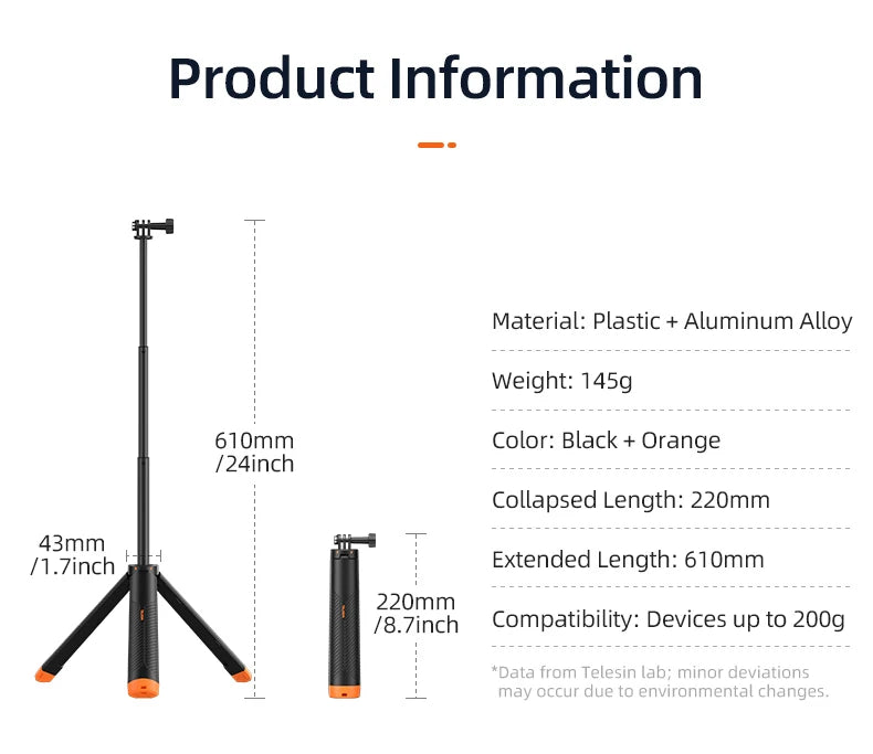 TELESIN 4 in 1 Selfie Stick Floating Hand Grip Tripod Waterproof Extendable Selfie Monopod for GoPro DJI OSMO Action Insta360