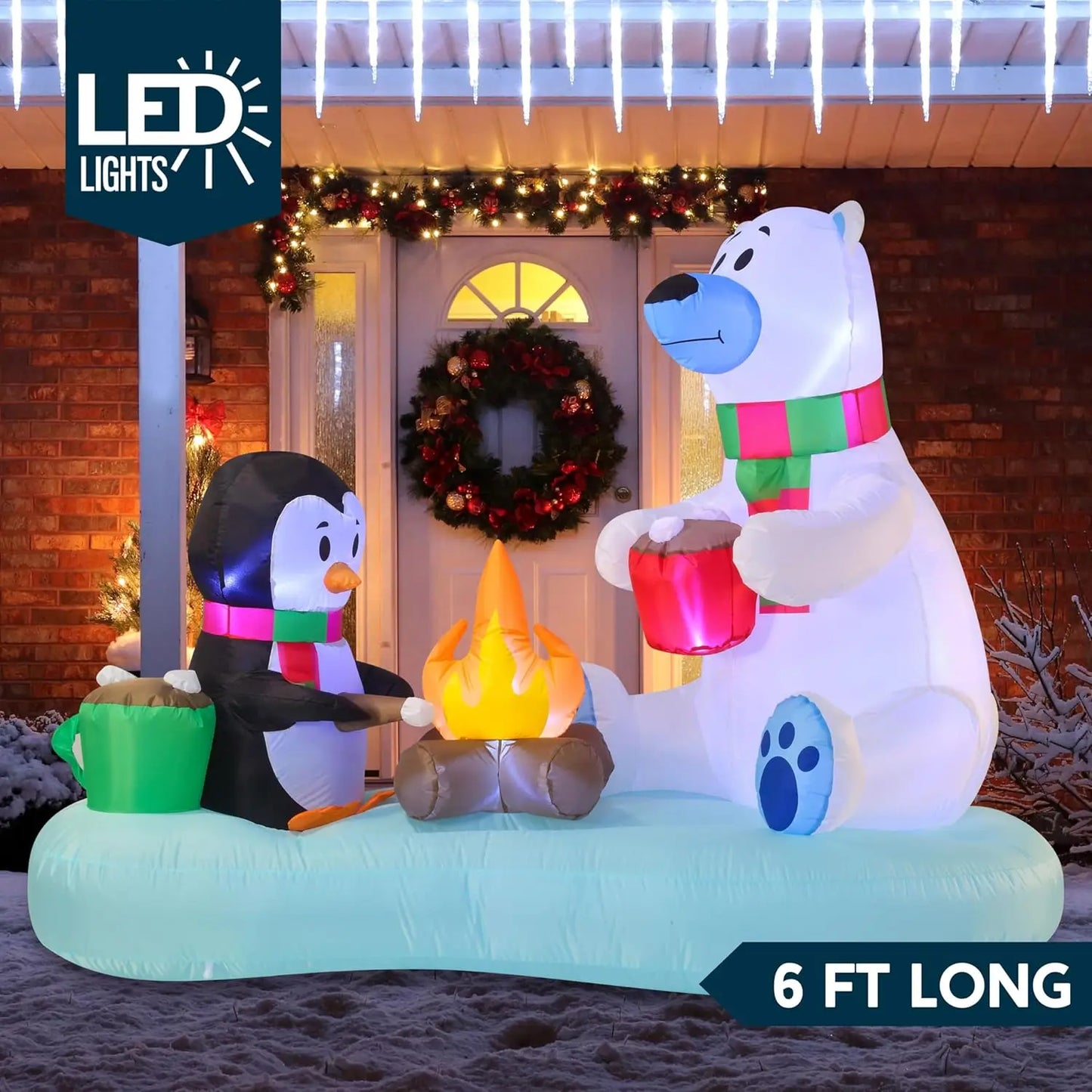 JOYFY 6 FT Long Christmas Inflatable Polar Bear and Penguin with Campfire Decoration for Xmas Party Christmas Decoration