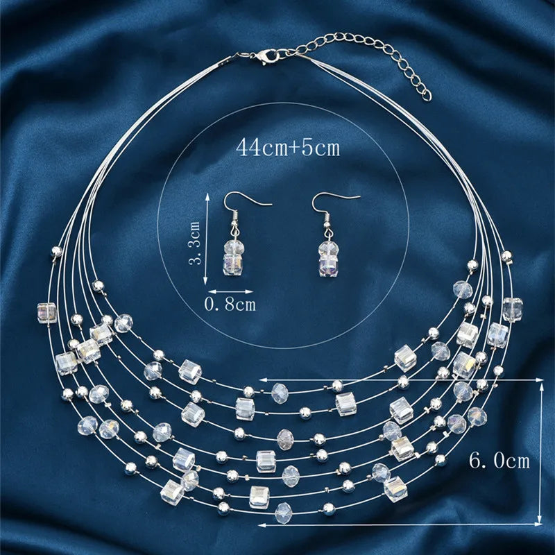 Bohemia Necklace Earrings Set For Women Square Crystal Beads Jewelry Sets Multilayer Choker Necklace Women Jewelry Set