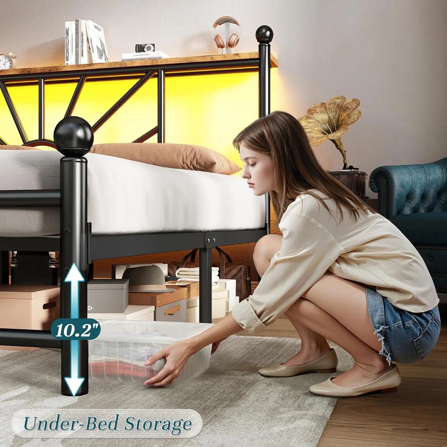 Metal King Bed Frame and Headboard, Footboard,King Size Bed Frame with LED Light, Mattress Foundation with Under Bed Storage