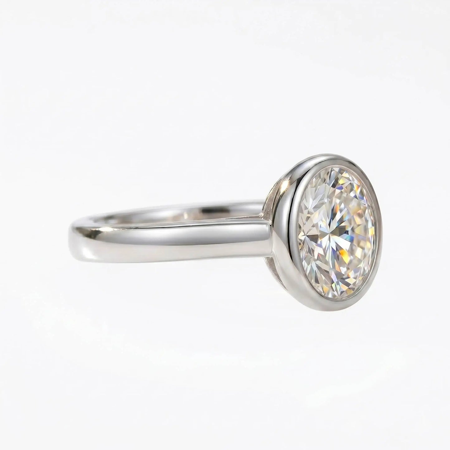 Classic Oval Moissanite Solitaire Ring, S925 Sterling Silver Bezel Band, D Color VVS1 Moissanite Ring