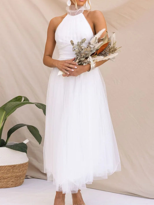 Women’s Backless Long Dress Adjustable Tie Halter Neck Tulle High Waist Solid Party Wedding Dress
