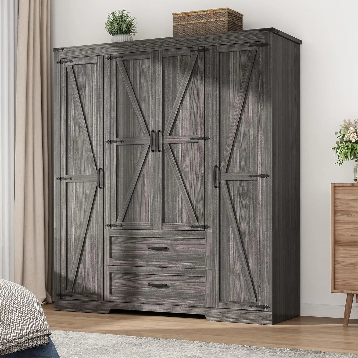 4 Doors Wardrobe Armoire Closet with Doors and Drawers, Farmhouse Wooden Armoire Storage Cabinet with Shelves & Hanging Rod