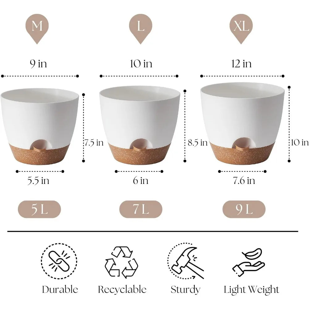 Self Watering Plant Pots Set of Three Indoor Outdoor with Drainage Saucer Reservoir White