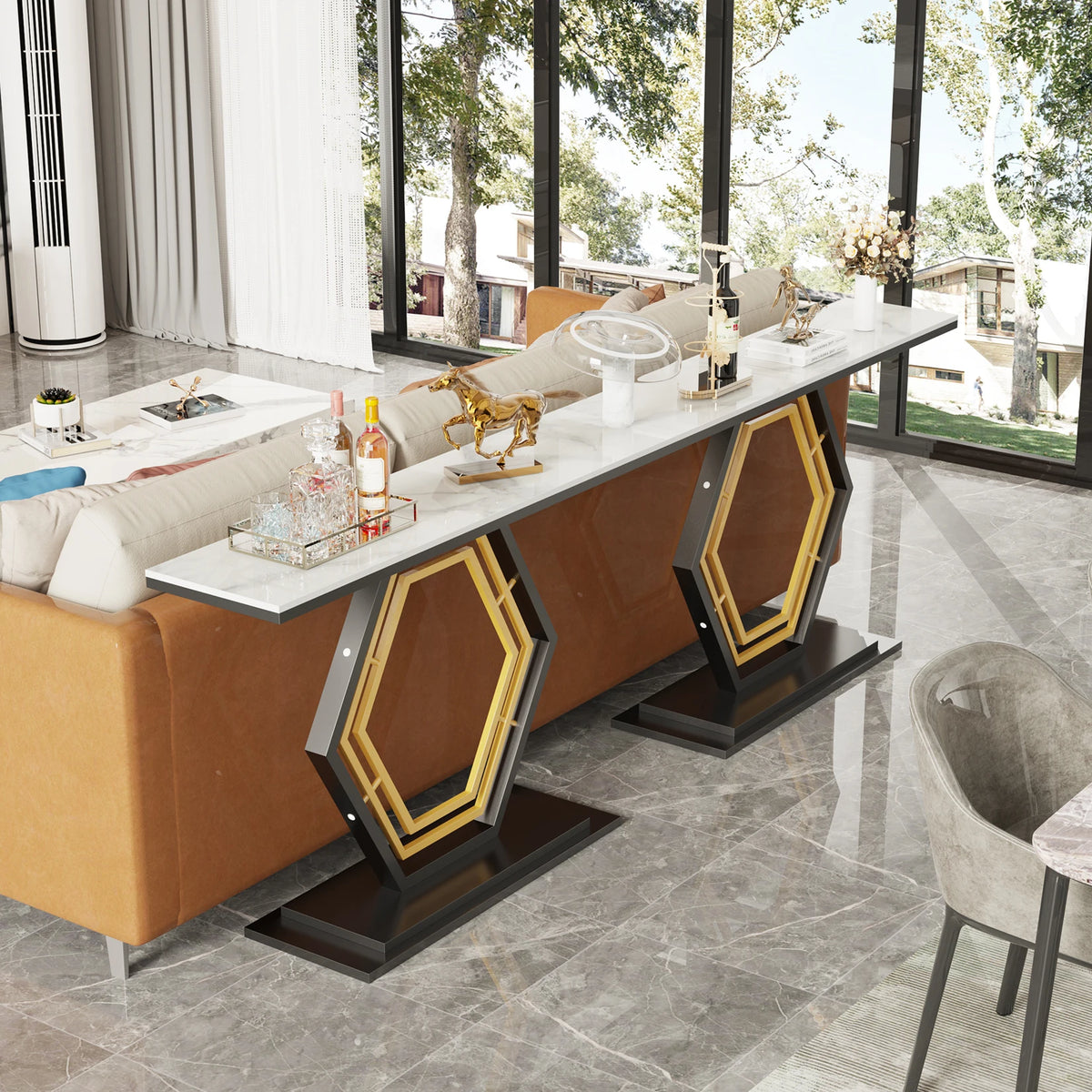 Narrow Modern Metal Console Table With Sintered Stone Top for Entryway