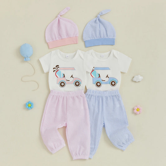 Infant Baby Boys Girls Summer Outfits Golf Cart Print Short Sleeve Romper with Stripe Pants and Hat 3 Pcs Set