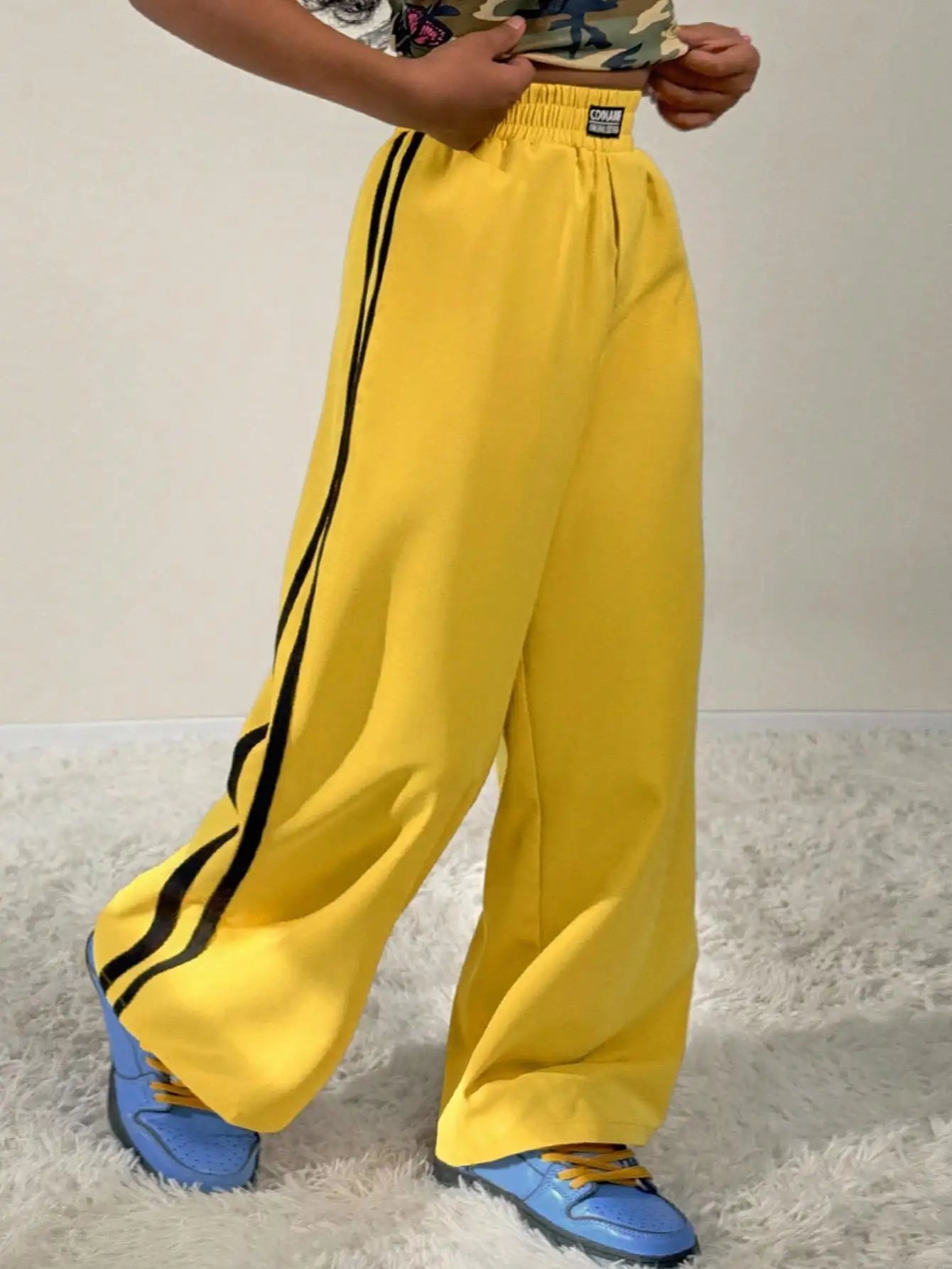 Kids Girls Bright Yellow Loose Fit Straight Leg Pants with Side Stripes, Camo Crop Top Set