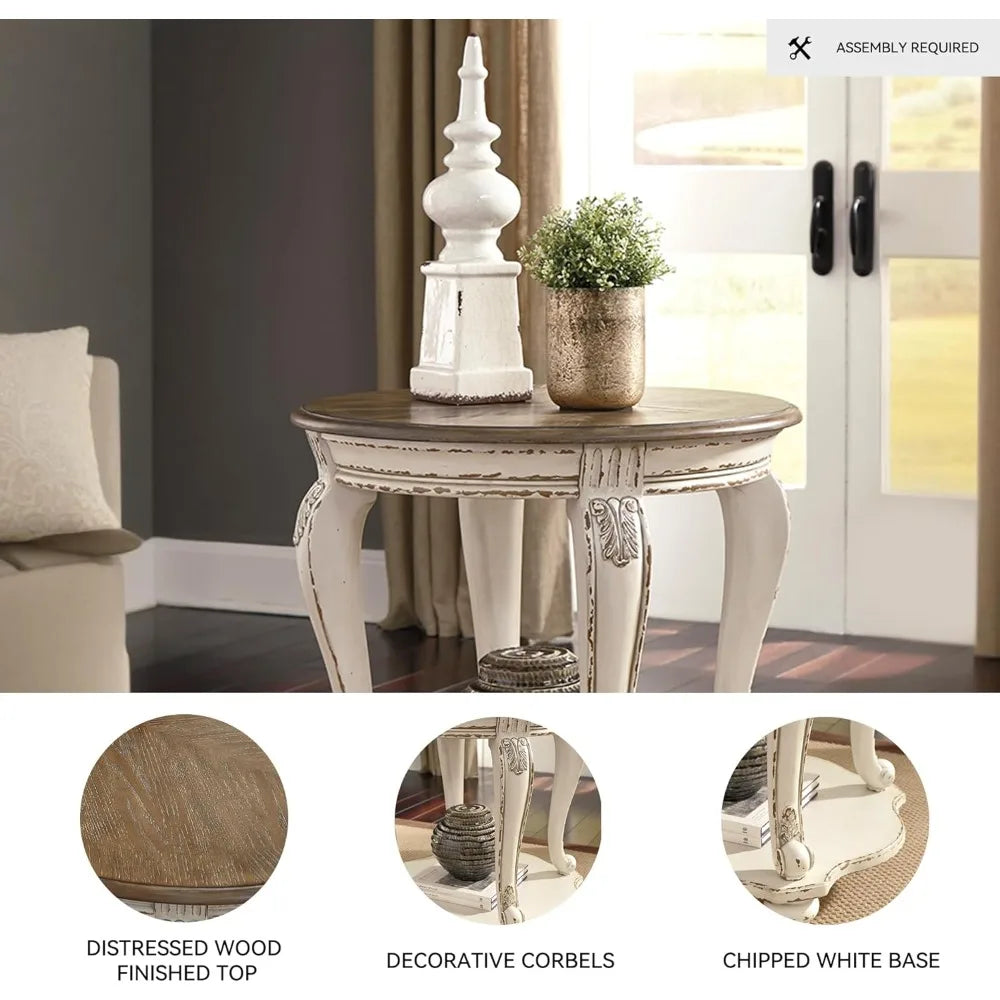 realyn french country two tone round end table, chipped white