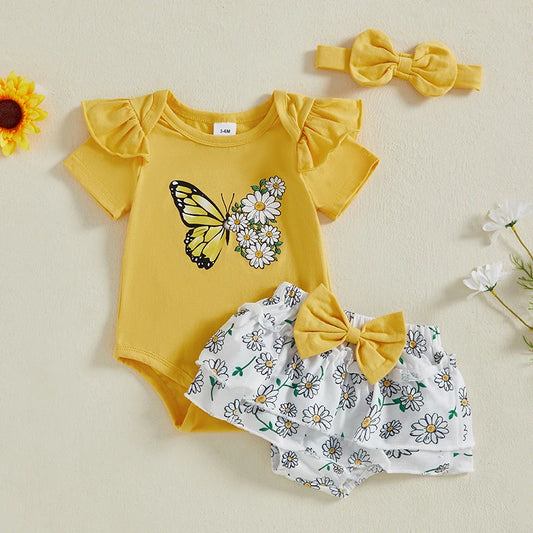 Toddler Girl Floral Print Sleeveless Romper with Matching Headband and Ruffled Shorts 3 Piece Summer Outfit Set
