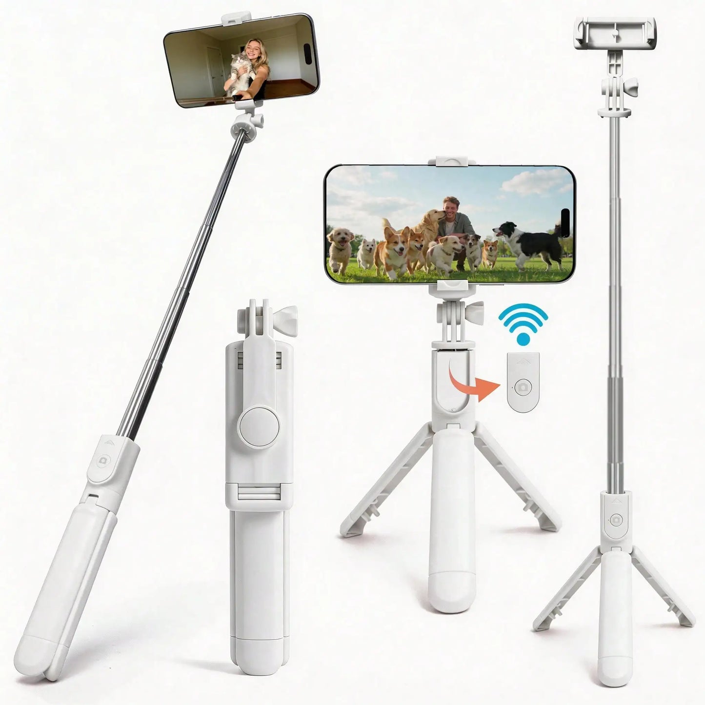 1pc White Cute Selfie Stick - Wireless Remote Control And Built-In Tripod, Remote Control, Phone Holder And Built-In Tripod(1PC)