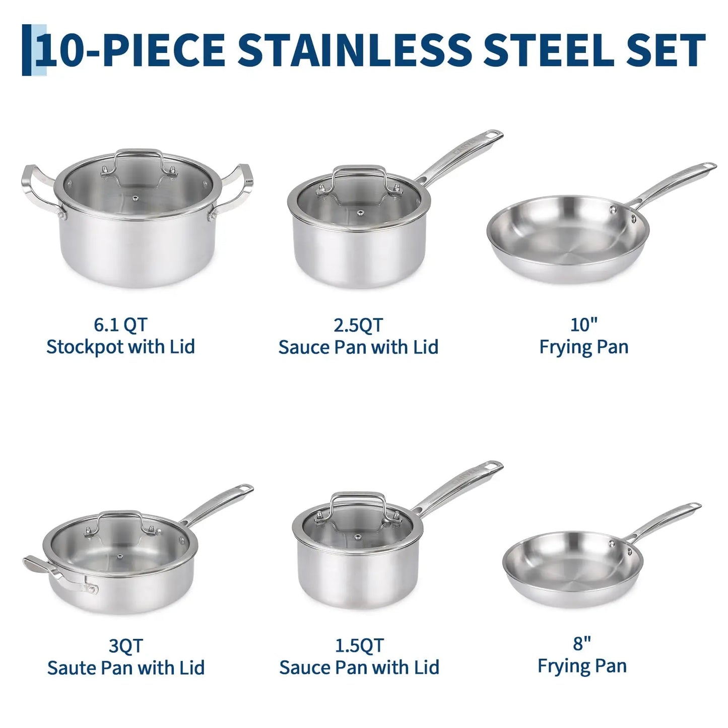 10-Piece Tri-Ply Stainless Steel Cookware Set Heavy Duty Pots And Pans Induction Oven Safe Kitchen Cooking Set