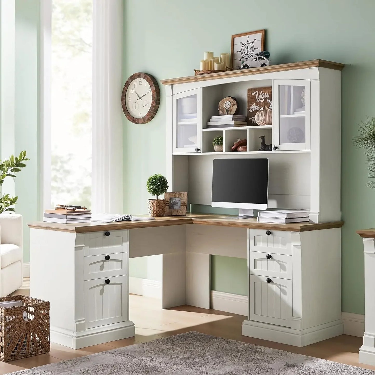 [Limited Stock, Buy Now!]60" L Shaped Executive Desk with Hutch and Drawers, Farmhouse Home Office Desk with Charging Station, F
