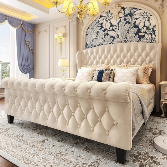 hisoft queen bed frame, 42" tall velvet upholstered sleigh bed with wingback headboard & scrolled footboard, no box spring neede