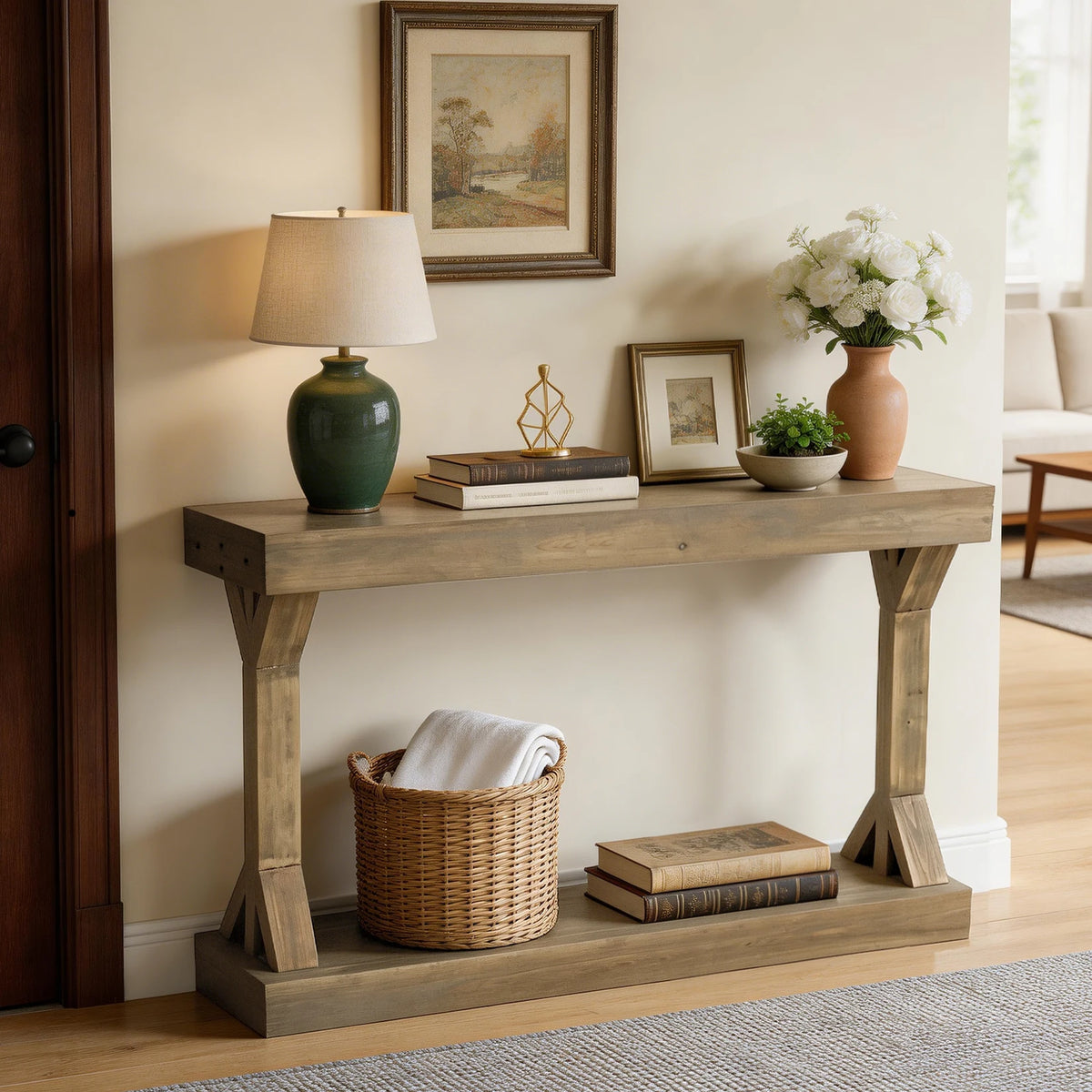 120cm Farmhouse Console Table With Shelf Solid Fir Wood Entryway Sofa Table