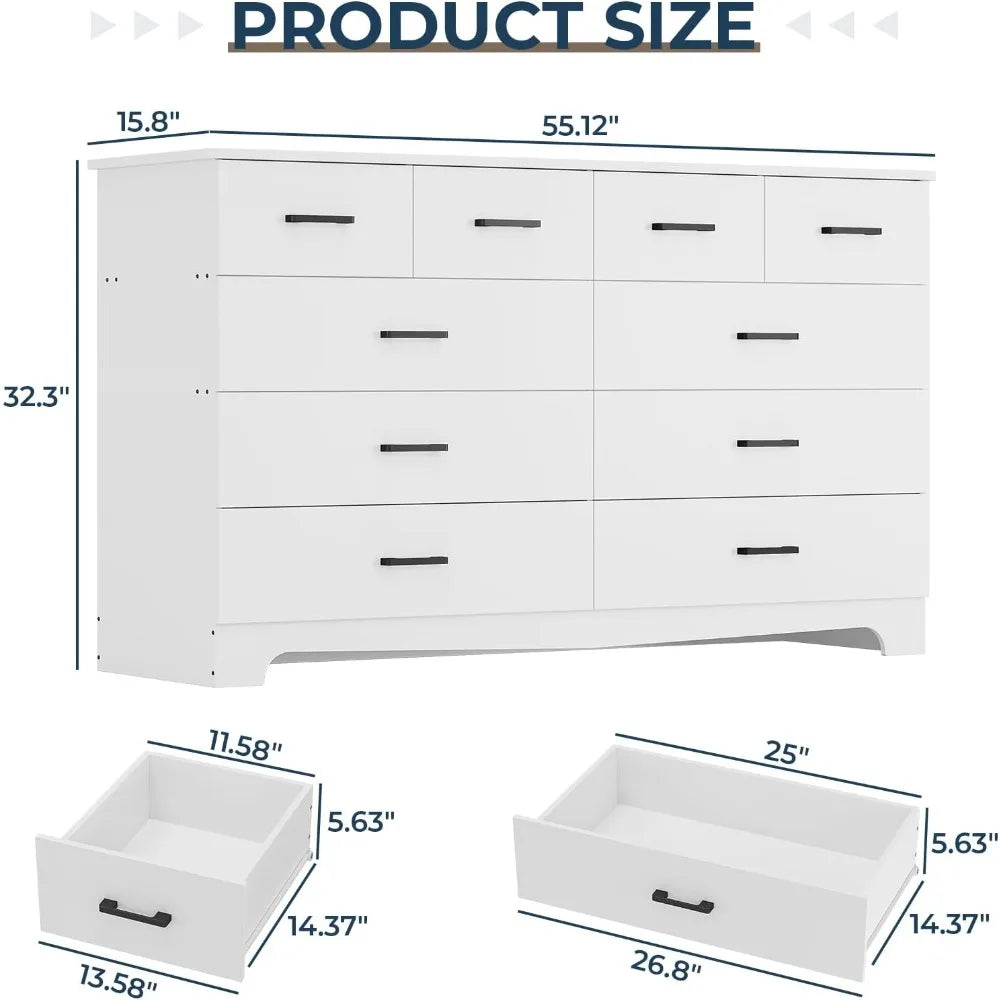 Home & Kitchen White Dresser for Bedroom with 10 Drawers, Large Chest of Drawers Storage Organizer, Long Dresser TV Stand