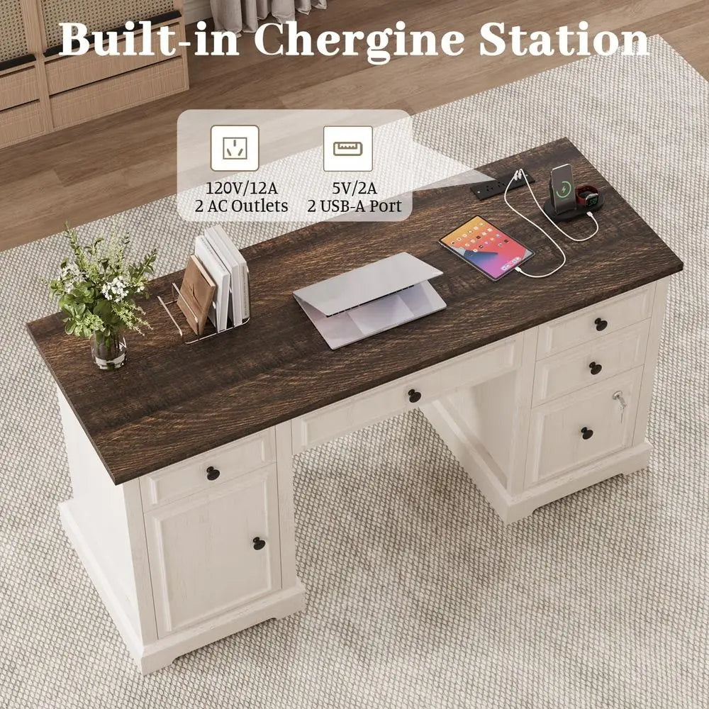 59 Modern Executive Desk with Drawers, Lockable File Cabinet, Storage, and Power Outlet for Home Office (White)