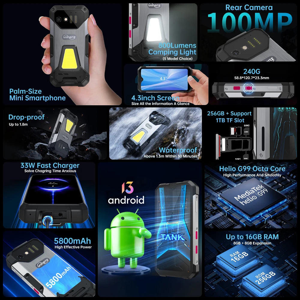 8849 Tank Mini Unihertz Rugged smartphones 4.3" Display Android 13 Helio G99 24GB 256GB 100MP Cameras 5800mAh NFC Waterproof