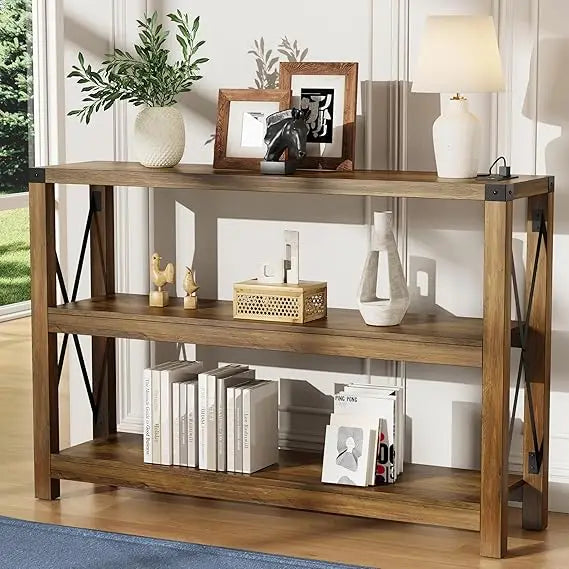 47.2 Entryway Table with Outlets and USB Ports, Console Table with 3-Tier Open Storage Shelves, Wooden Sofa Table with Metal X-S