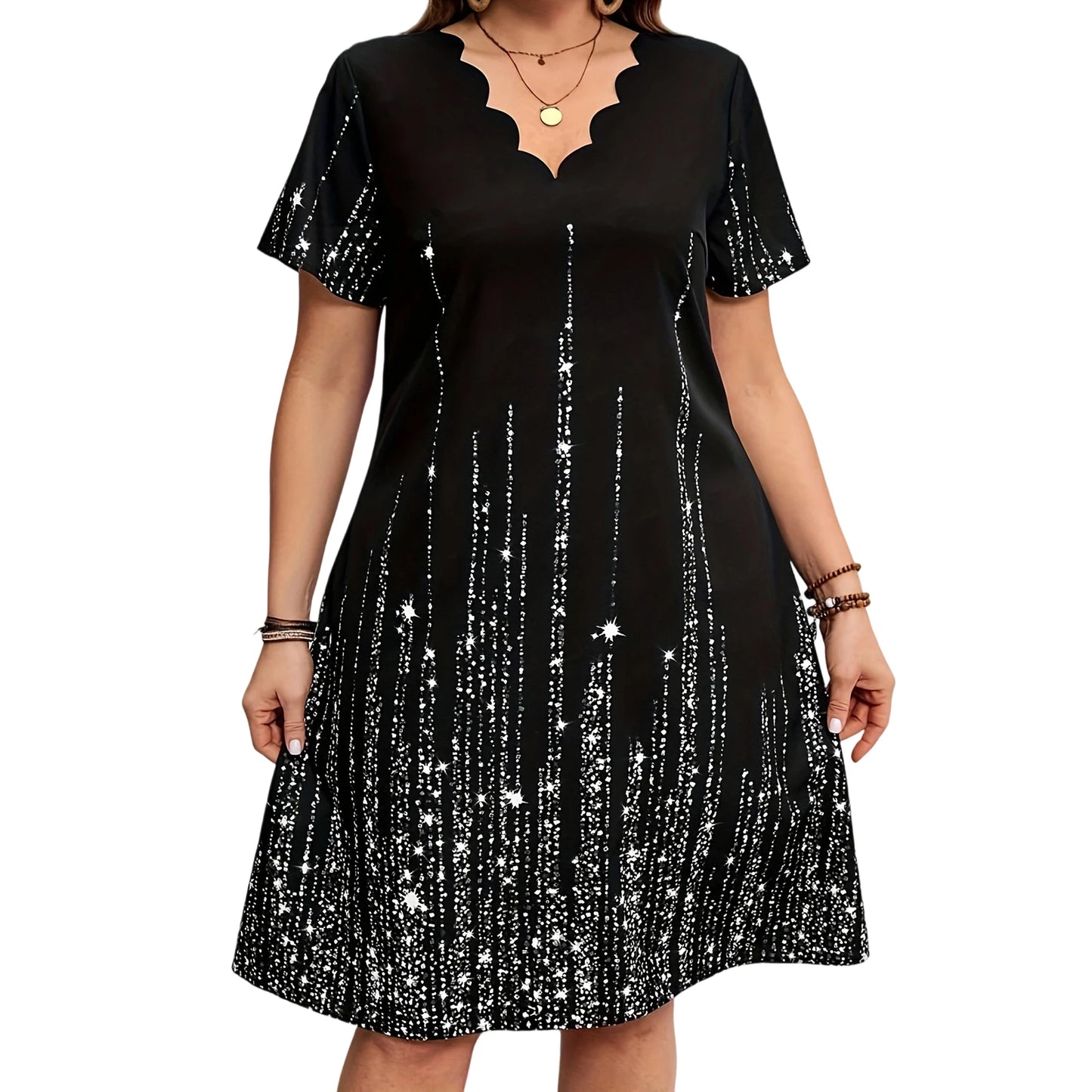 Plus Size Women s Casual Summer Dress with Fashionable Print Scallop Trim V Neck and Short Sleeves - Loose A-line Style